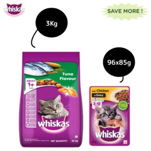 Whiskas Chicken Gravy Adult Cat Wet Food and Tuna Flavour Adult Cat Dry Food Combo - 96x85g + 7kg
