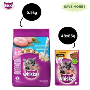 Whiskas Chicken in Gravy Meal Kitten Wet Food and Ocean Fish Kitten Dry Food Combo - 48x85g + 6.5kg