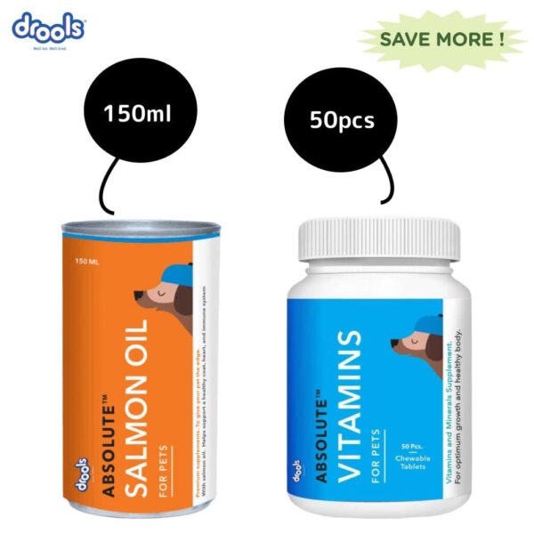 Drools Absolute Salmon Oil Syrup Supplement and Vitamin Supplement Tablets for Dogs Combo - 3x150mL + 50pcs