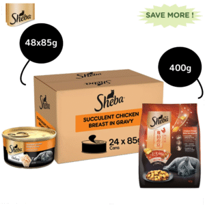 Sheba Complete Nutrition Succulent Chicken Breast In Gravy Cat Wet Food and Chicken Flavour Irresistible Cat Dry Food Combo - 48x85g + 400g