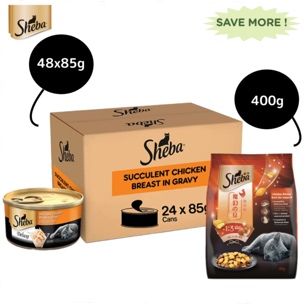 Sheba Complete Nutrition Succulent Chicken Breast In Gravy Cat Wet Food and Chicken Flavour Irresistible Cat Dry Food Combo - 48x85g + 400g