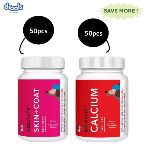 Drools Absolute Skin & Coat and Absolute Calcium Supplement Tablets for Dogs Combo - 50pcs+50pcs