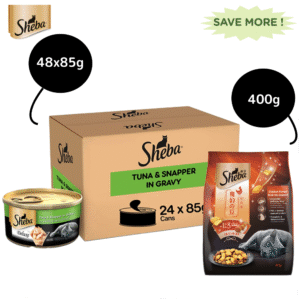 Sheba Complete Nutrition Tuna White Meat & Snapper In Gravy Cat Wet Food and Sheba Chicken Flavour Irresistible Cat Dry Food Combo - 48x85g + 400g
