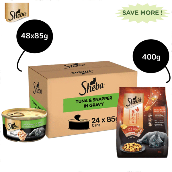Sheba Complete Nutrition Tuna White Meat & Snapper In Gravy Cat Wet Food and Sheba Chicken Flavour Irresistible Cat Dry Food Combo - 96x85g + 400g