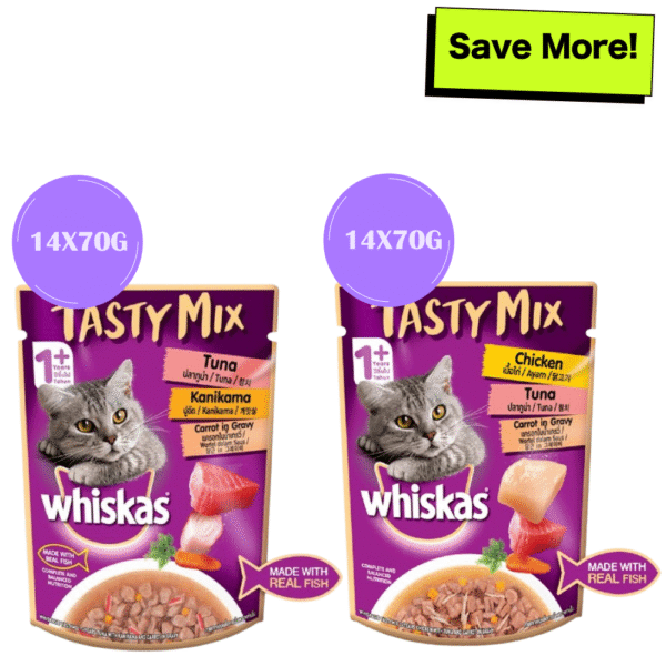 Whiskas Chicken With Tuna & Carrot and Tuna with Kanikama & Carrot in Gravy Tasty Mix Adult Cat Wet Food Combo - 28x70g