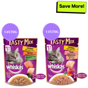 Whiskas Chicken With Tuna & Carrot and Salmon Wakame Seaweed in Gravy Tasty Mix Adult Cat Wet Food Combo - 28x70g