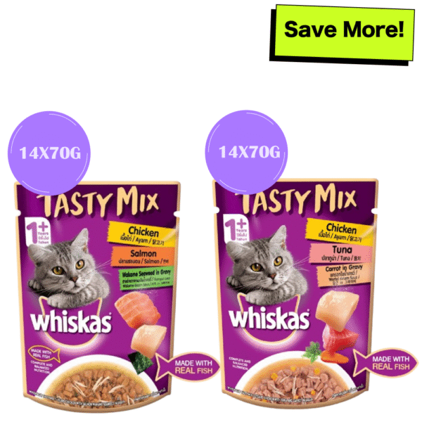 Whiskas Chicken With Tuna & Carrot and Salmon Wakame Seaweed in Gravy Tasty Mix Adult Cat Wet Food Combo - 28x70g