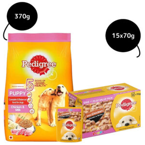 Pedigree Chicken Chunks in Gravy Pouch Puppy Wet Food and Chicken & Milk Puppy Dry Food Combo - 370g + 15x70g