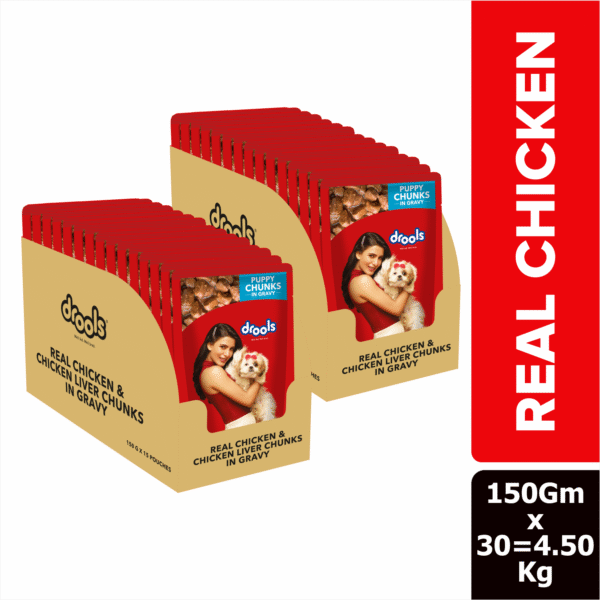Drools Real Chicken & Chicken Liver Chunks in Gravy Puppy Dog Wet Food - 15x150g