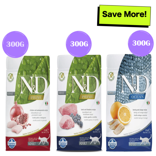 Farmina N&D Prime Chicken & Pomegranate, Lamb & Blueberry and Ocean Herring & Orange Grain Free Adult Cat Dry Food Combo - 3x300g