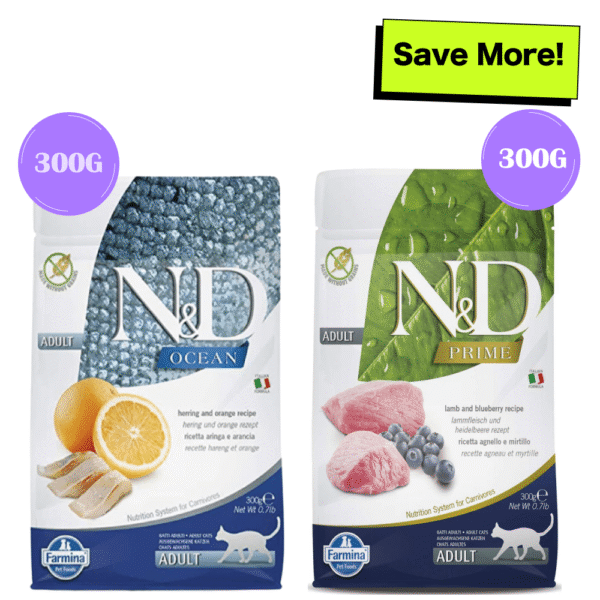 Farmina N&D Prime Lamb & Blueberry and Ocean Herring & Orange Grain Free Adult Cat Dry Food Combo - 300g+300g