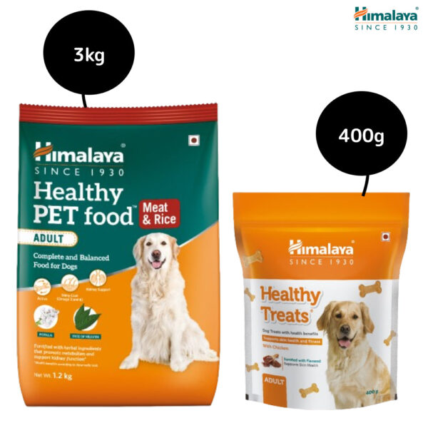Himalaya Meat & Rice Healthy Pet Dry Food and Chicken Healthy Treats Adult Dog Combo - 3kg+400g