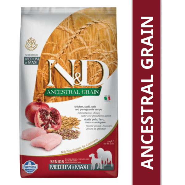 Farmina N&D Chicken & Pomegranate Ancestral Grain Senior Medium Maxi Dog Dry Food - 5kg (2x2.5kg)