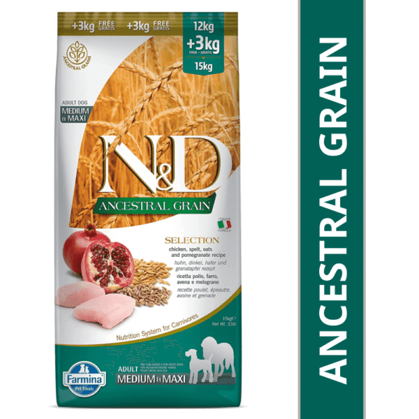 Farmina N&D Chicken & Pomegranate Ancestral Grain Selection Adult Medium Maxi Dog Dry Food - 12kg+3kg(Free Inside)