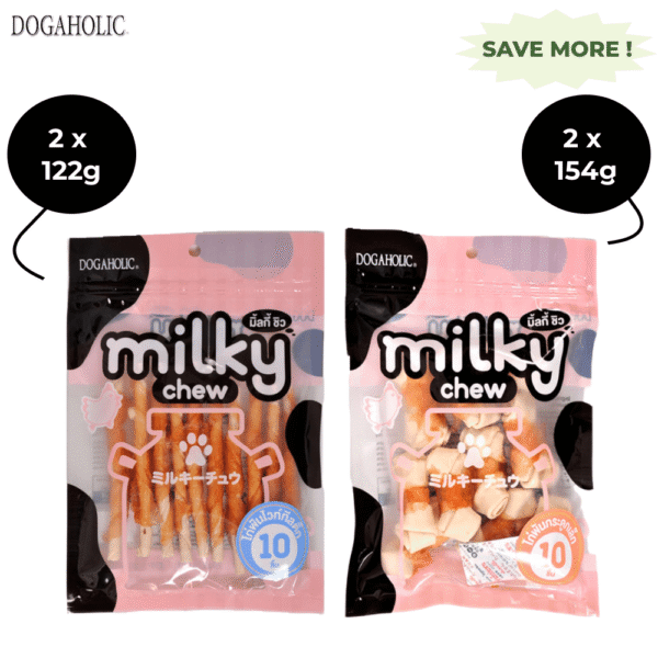Dogaholic Milky Chew Chicken Stick Style and Bone Style Dog Treats Combo (2+2) - 2x122g + 2x154g