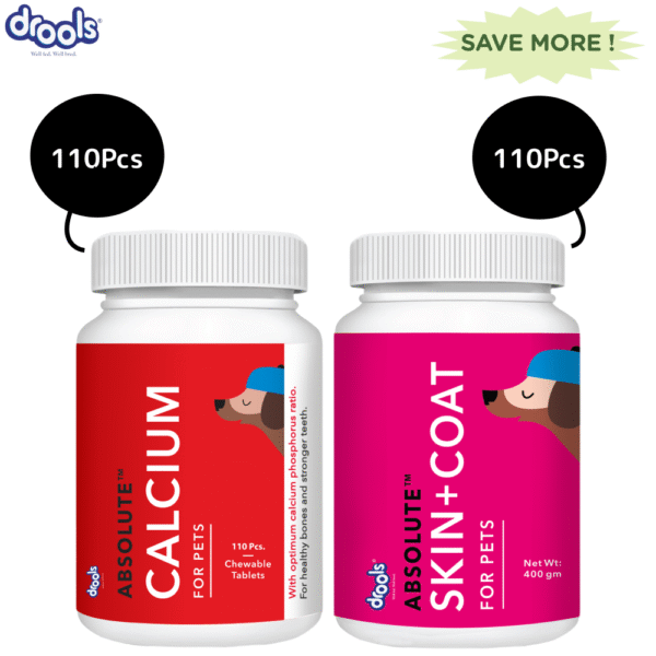 Drools Absolute Skin & Coat and Absolute Calcium Dog Supplement Tablets Combo - 110pcs+110pcs