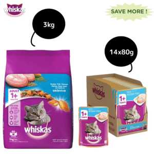 Whiskas Ocean Fish Flavour Adult Cat Dry and Wet Food Combo - 3kg + 14x80g