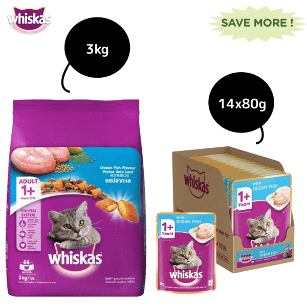 Whiskas Ocean Fish Flavour Adult Cat Dry and Wet Food Combo - 3kg + 14x80g