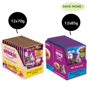 Whiskas Chicken With Tuna, Carrot in Gravy Tasty Mix And Tuna in Jelly Adult Cat Wet Food Combo - 12x70g + 12x85g