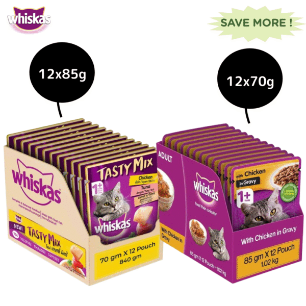 Whiskas Chicken Gravy and Chicken With Tuna And Carrot in Gravy Adult Cat Wet Food Combo - 12x85g + 12x70g