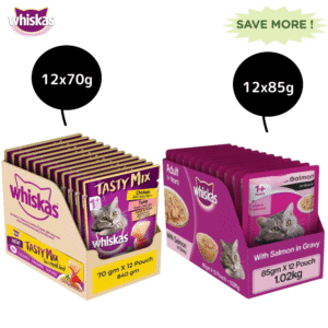 Whiskas Chicken With Tuna And Carrot in Gravy and Salmon in Gravy Meal Adult Cat Wet Food Combo - 12x70g + 12x85g