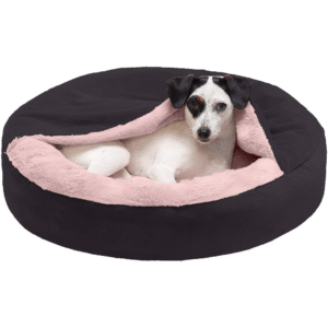 Fluffy Petslover Calming Anti Anxiety Hooded Fabric Bed with Attached Blanket for Dogs and Cats (Black) - L