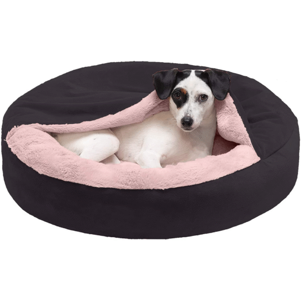 Fluffy Petslover Calming Anti Anxiety Hooded Fabric Bed with Attached Blanket for Dogs and Cats (Black) - M