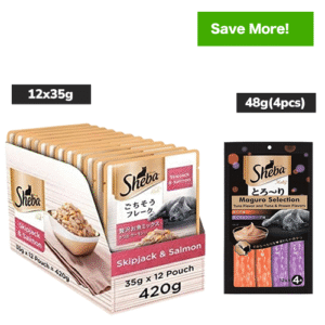 Sheba Tuna Flavor and Tuna & Prawn Maguro Selection Melty Premium Treat and Skipjack & Salmon Fish Mix Cat Wet Food Combo - 48g(4pcs)+12x35g
