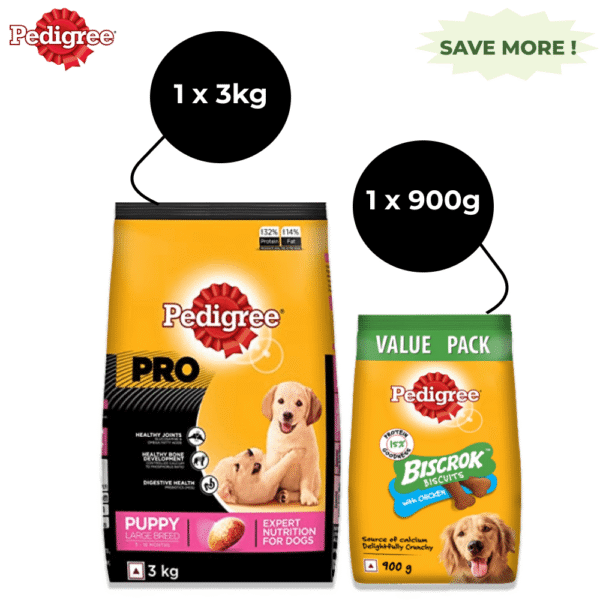 Pedigree PRO Large Breed Puppy Dry Food and Chicken Flavour Biscrok Treat Combo (3kg +900g) - 3kg+900g