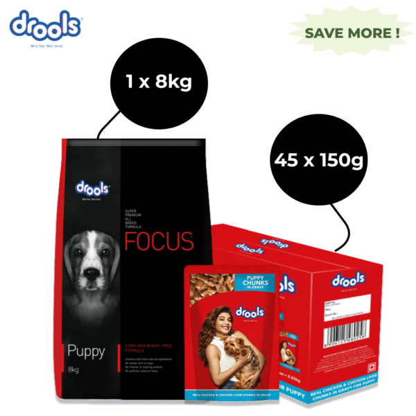 Drools Focus Super Premium Puppy Dry Food and Real Chicken & Chicken Liver Chunks in Gravy Puppy Wet Food Combo - 8kg + 45x150g