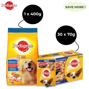 Pedigree Chicken & Liver Chunks in Gravy Pouch Adult Wet Food and Chicken & Vegetables Adult Dog Dry Food Combo - 400g + 30x70g