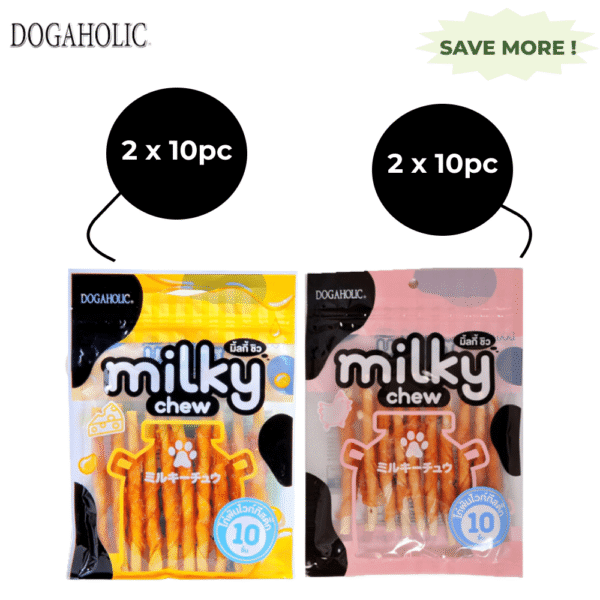 Dogaholic Milky Chew Cheese Chicken and Milky Chew Chicken Stick Style Dog Treats Combo (2+2) - 4x20pcs