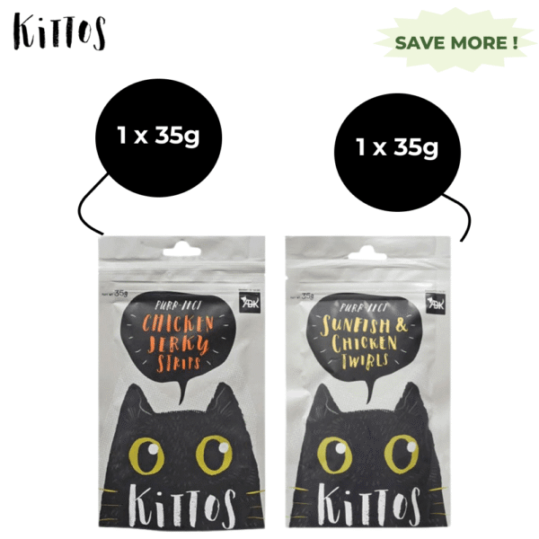 Kittos Purr Fect Sunfish Chicken and Twirls and Chicken Jerky Strips Cat Treats Combo - 2x35g