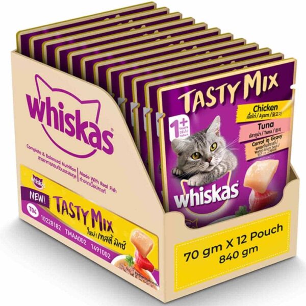 Whiskas Chicken With Tuna And Carrot in Gravy and Seafood Cocktail With Wakame Seaweed in Gravy Adult Cat Wet Food Combo - 24x70g