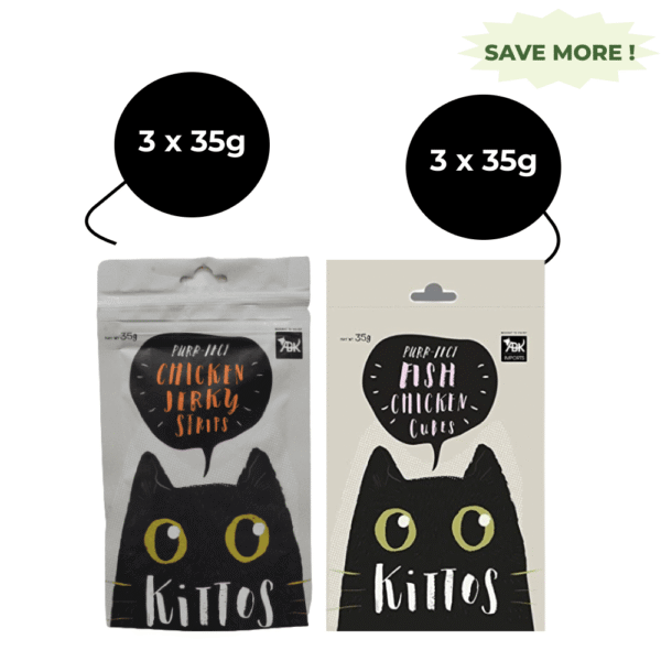 Kittos Purr Fect Chicken Jerky Strips and Fish Chicken Cubes Cat Treats Combo (3+3) - 6x35g