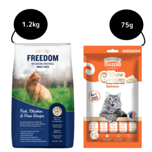 Signature Freedom Fish, Chicken and Peas Recipe Adult Cat Dry Food and Grain Zero Salmon Lickable Creamy Cat Treats Combo - 1.2kg+75g