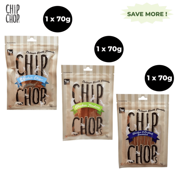 Chip Chops Chicken and Codfish Sandwich, Chicken Tenders and Chicken Chip Coins Dog Treats Combo (3 x 70g) - 3x70g