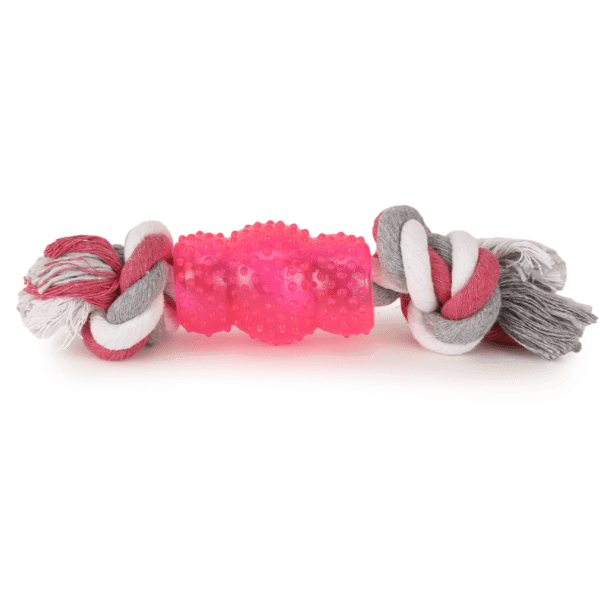 Basil Cotton Rope Rubber Chew Toy with Hard TPR Centre for Dogs (Pink)(24x4x4cm) - 24x4x4cm