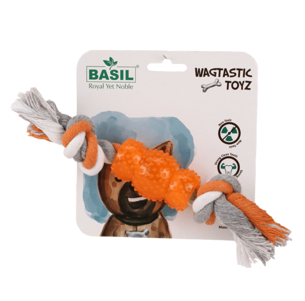 Basil Cotton Rope Rubber Chew Toy with Hard TPR Centre for Dogs (Orange) - 24x4x4cm