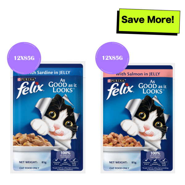 Purina Felix Sardine with Jelly and Salmon with Jelly Adult Cat Wet Food Combo - 24x85g