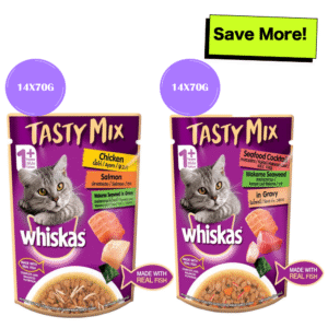 Whiskas Chicken With Salmon and Seafood Cocktail Wakame Seaweed in Gravy Tasty Mix Adult Cat Wet Food Combo - 28x70g