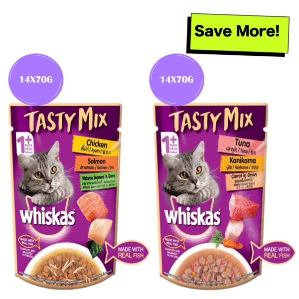 Whiskas Chicken With Salmon Wakame Seaweed and Tuna with Kanikama and Carrot in Gravy Tasty Mix Adult Cat Wet Food Combo - 28x70g