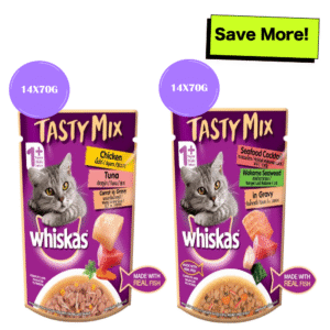 Whiskas Chicken With Tuna & Carrot and Seafood Cocktail Wakame Seaweed in Gravy Tasty Mix Adult Cat Wet Food Combo - 28x70g