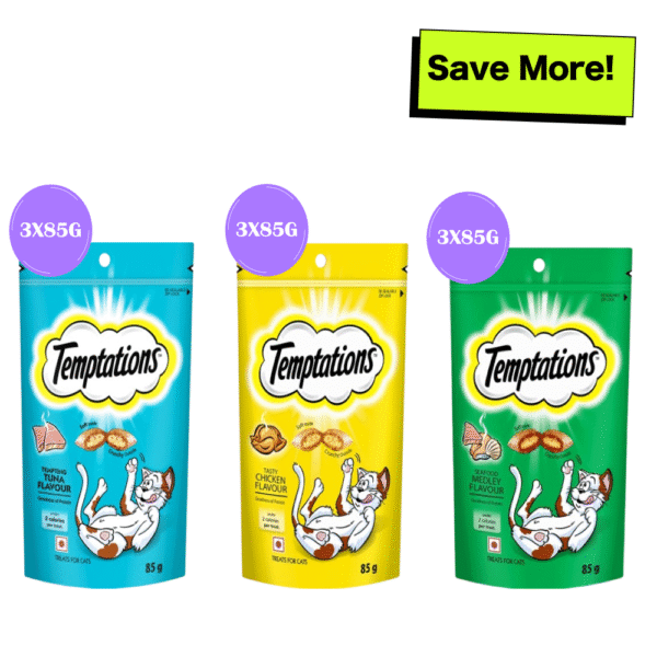 Temptations Seafood Medley, Tasty Chicken and Tempting Tuna Flavour Cat Treats Combo - 9x85g