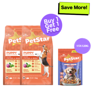 Mankind Petstar Chicken & Wheat Puppy Dry Food and Chunky Chicken Gravy Puppy Dog Wet Food Combo - 2x1kg + 15x120g
