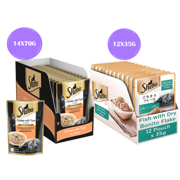 Sheba Chicken With Tuna In Gravy and Fish with Dry Bonito Flake Premium Cat Wet Food Combo - 56x70g + 48x35g