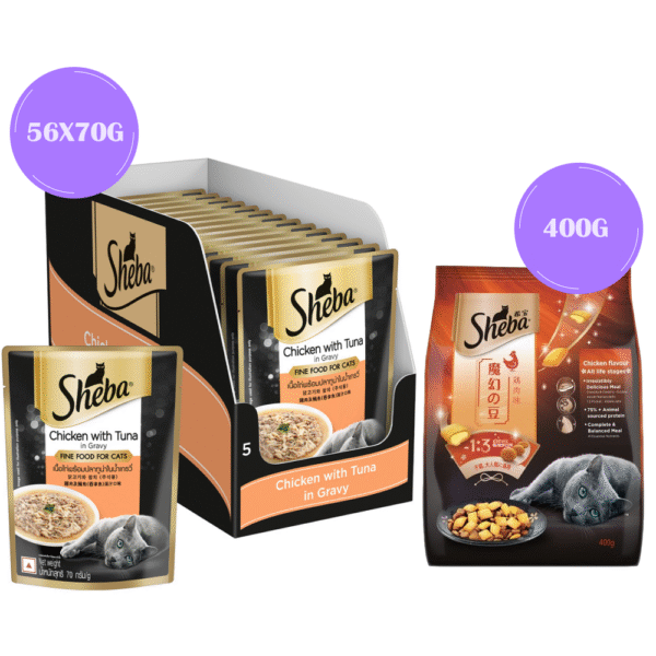 Sheba Chicken With Tuna In Gravy Premium Adult Cat Wet Food and Chicken All Life Stage Cat Dry Food Combo - 112x70g + 400g