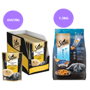 Sheba Tuna Pumpkin & Carrot In Gravy Rich Premium Adult Fine Cat Wet Food and Salmon Flavour Irresistible All Life Stages Cat Dry Food Combo - 56x70g + 1.5kg