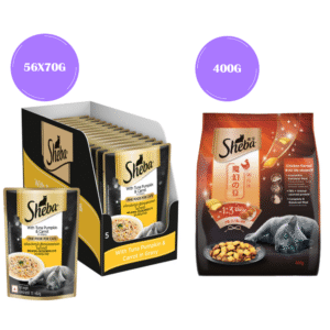 Sheba Tuna Pumpkin & Carrot In Gravy Rich Premium Adult Fine Cat Wet Food and Chicken All Life Stage Cat Dry Food Combo - 112x70g + 400g