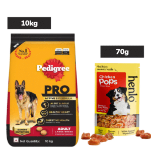 Pedigree PRO Expert Nutrition Active Adult (18 Months Onwards) Dry Food and Henlo Chicken Pops Dog Treats - 10kg+70g